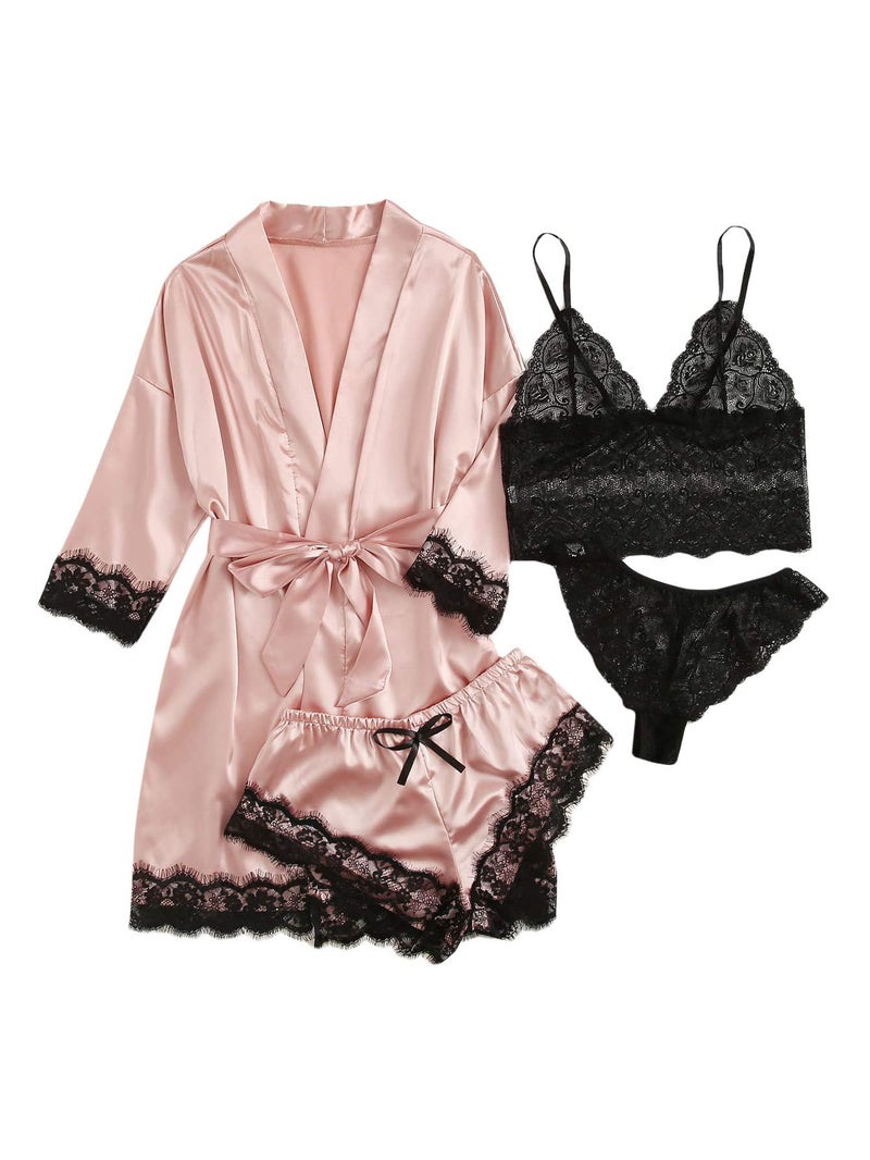 WDIRARA Women' Silk Satin Pajamas Set 4pcs Lingerie Floral Lace Cami Sleepwear with Robe Pink L - Image 1