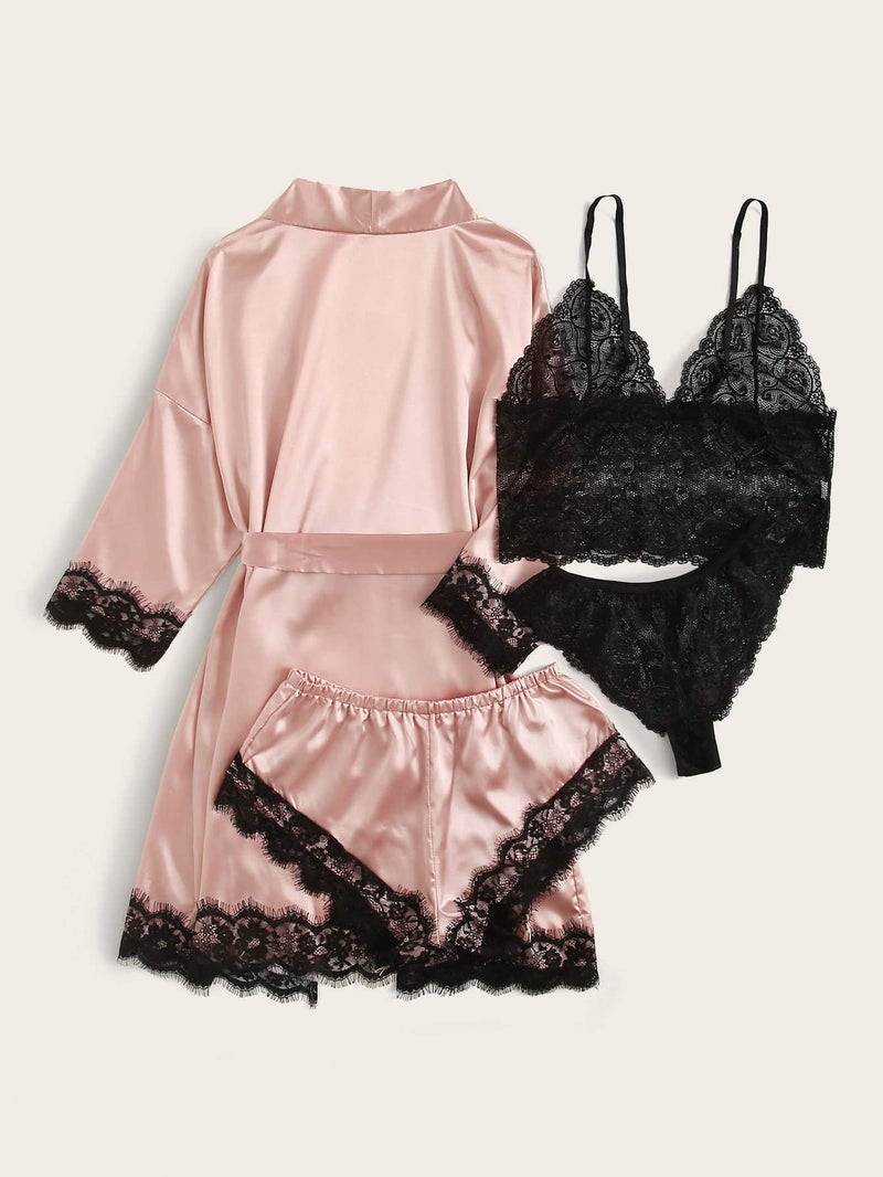 WDIRARA Women' Silk Satin Pajamas Set 4pcs Lingerie Floral Lace Cami Sleepwear with Robe Pink L - Image 3