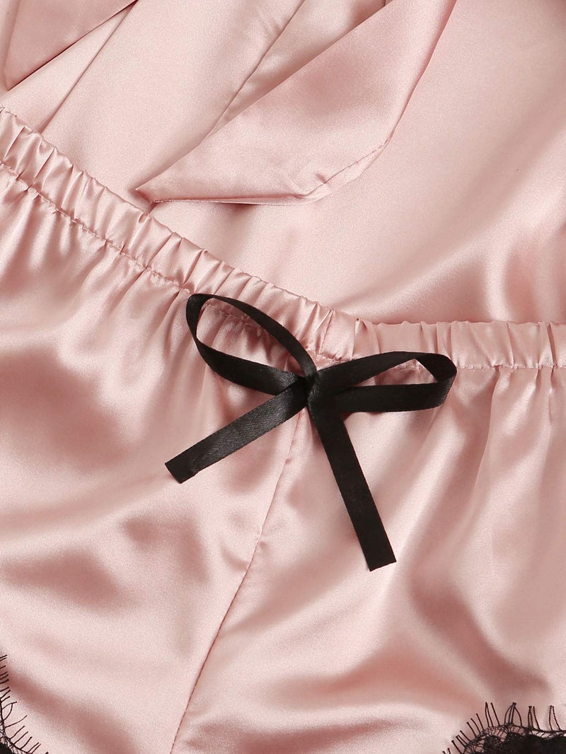 WDIRARA Women' Silk Satin Pajamas Set 4pcs Lingerie Floral Lace Cami Sleepwear with Robe Pink L - Image 2