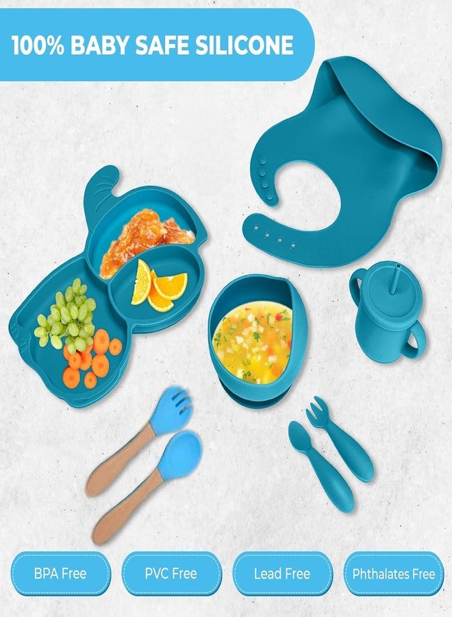 Royalkart 9 in1 Silicone Baby Feeding Set | BPA-Free, Microwave Safe | Suction Plate, Bowl, Spoon, Fork, Cup & Bib | Soft Tableware Kit for Babies & Toddlers, Perfect for Weaning(Elephant Shape-Blue) - Image 4