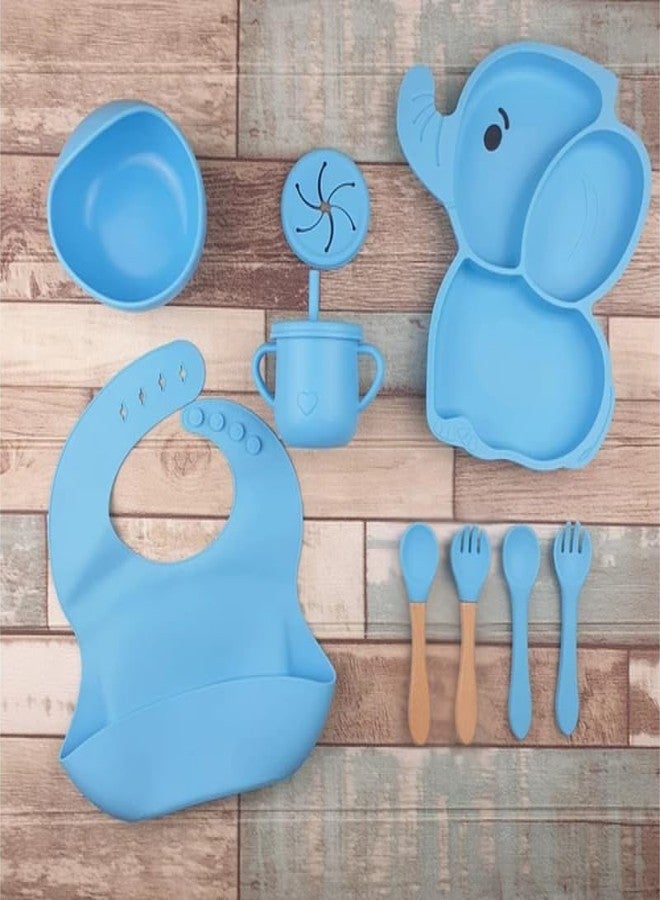 Royalkart 9 in1 Silicone Baby Feeding Set | BPA-Free, Microwave Safe | Suction Plate, Bowl, Spoon, Fork, Cup & Bib | Soft Tableware Kit for Babies & Toddlers, Perfect for Weaning(Elephant Shape-Blue) - Image 2