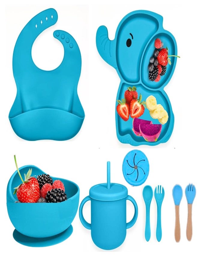 Royalkart 9 in1 Silicone Baby Feeding Set | BPA-Free, Microwave Safe | Suction Plate, Bowl, Spoon, Fork, Cup & Bib | Soft Tableware Kit for Babies & Toddlers, Perfect for Weaning(Elephant Shape-Blue) - Image 1