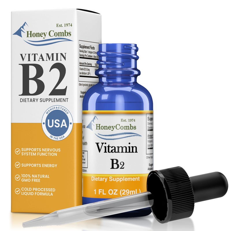 HoneyCombs Vitamin B2 Riboflavin Supplement Liquid Drops High Potency Vitamin B2 for Men Women Maintain Healthy Digestion Nervous System Hair Skin Nails Vegan Liquid Vitamins 1 Fl oz