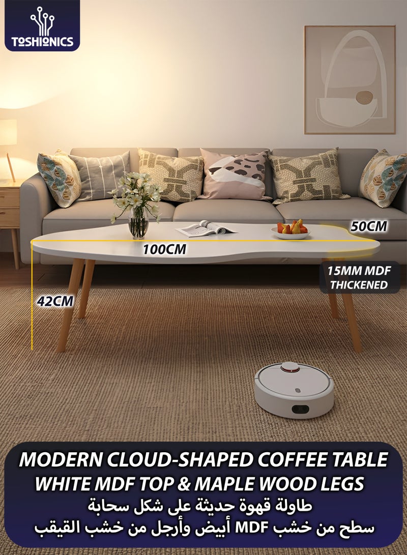 توشيونيكس طاولة قهوة عصرية بتصميم سحابة بيضاء - 100×50×42 سم - طاولة مركزية خشبية صغيرة بأرجل أسطوانية من خشب الصنوبر، طاولة شاي بسيطة من خشب MDF لغرفة المعيشة المنزلية، والمكتب، والشقق، والصالة، ومنطقة الاستقبال - Image 1