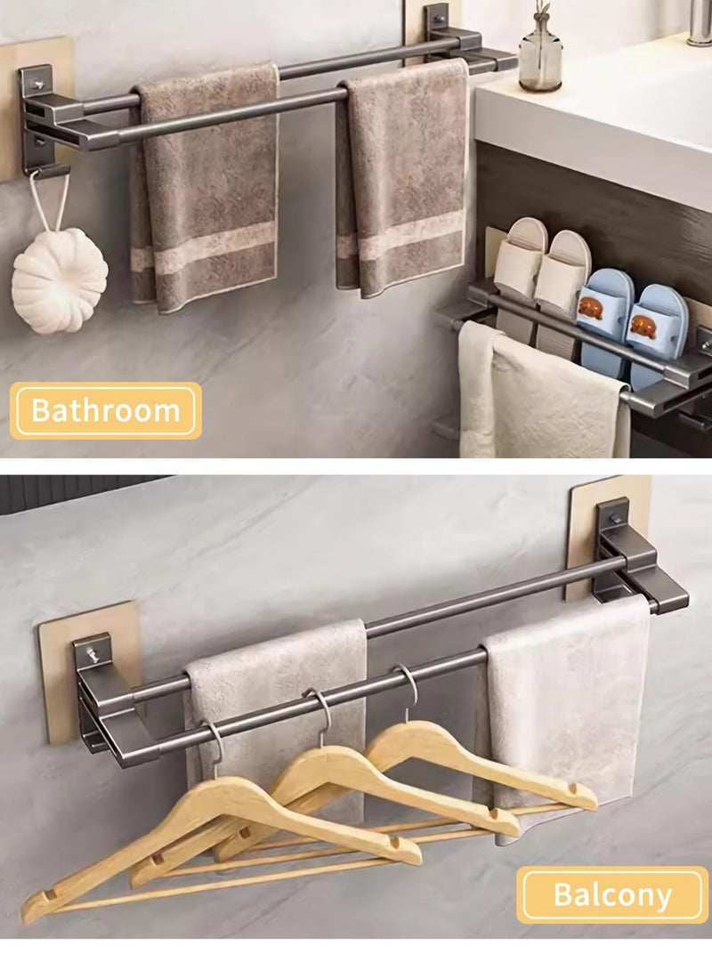 58cm Self Adhesive Towel Rail with Anti Rust Aluminium, Wall Mounted Double Rod Towel Shelf with Hooks for Bathroom and Kitchen, No Drilling Required, Black  - Image 4