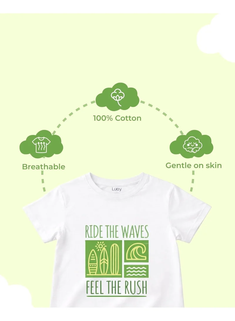 Luay Green Boys 100% Cotton T-Shirt & Shorts Set | Kids Summer Casual Outfit | Soft Breathable Fabric | “Ride the Waves” Print | White T-Shirt with Green Shorts for Men | Best Price UAE