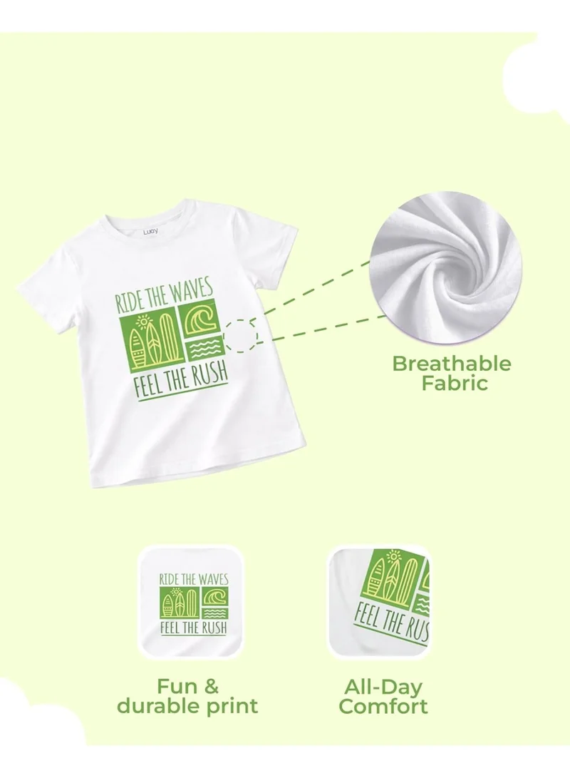 Luay Green Boys 100% Cotton T-Shirt & Shorts Set | Kids Summer Casual Outfit | Soft Breathable Fabric | “Ride the Waves” Print | White T-Shirt with Green Shorts for Men | Best Price UAE