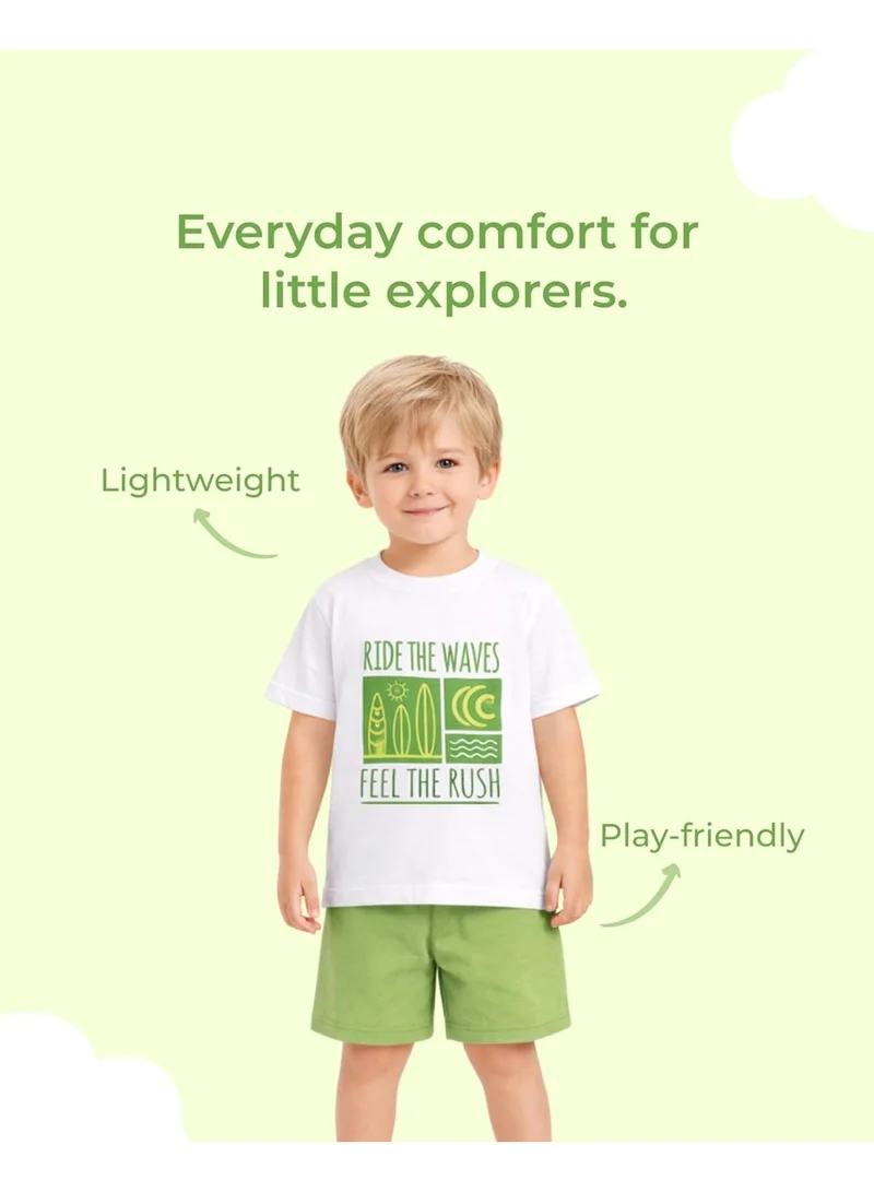 Luay Green Boys 100% Cotton T-Shirt & Shorts Set | Kids Summer Casual Outfit | Soft Breathable Fabric | “Ride the Waves” Print | White T-Shirt with Green Shorts for Men | Best Price UAE