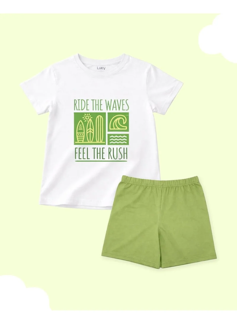 Luay Green Boys 100% Cotton T-Shirt & Shorts Set | Kids Summer Casual Outfit | Soft Breathable Fabric | “Ride the Waves” Print | White T-Shirt with Green Shorts for Men | Best Price UAE