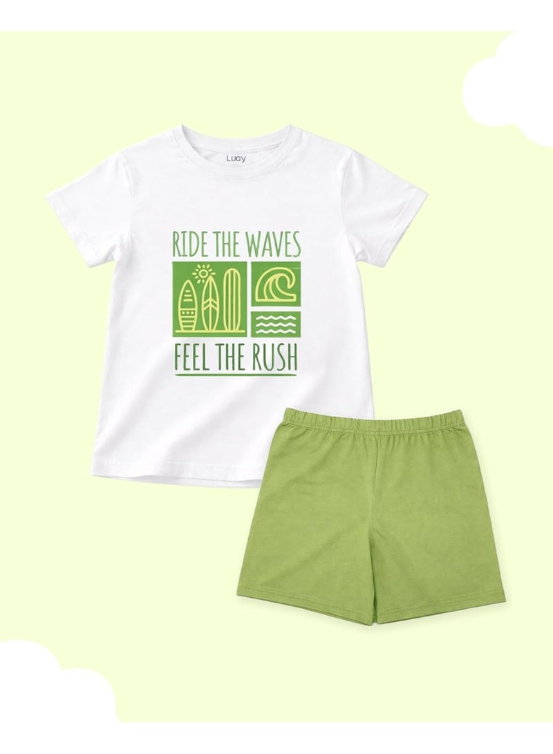 LUAY Boys 100% Cotton T-Shirt & Shorts Set | Kids Summer Casual Outfit | Soft Breathable Fabric | “Ride the Waves” Print | White T-Shirt with Green Shorts - Image 4