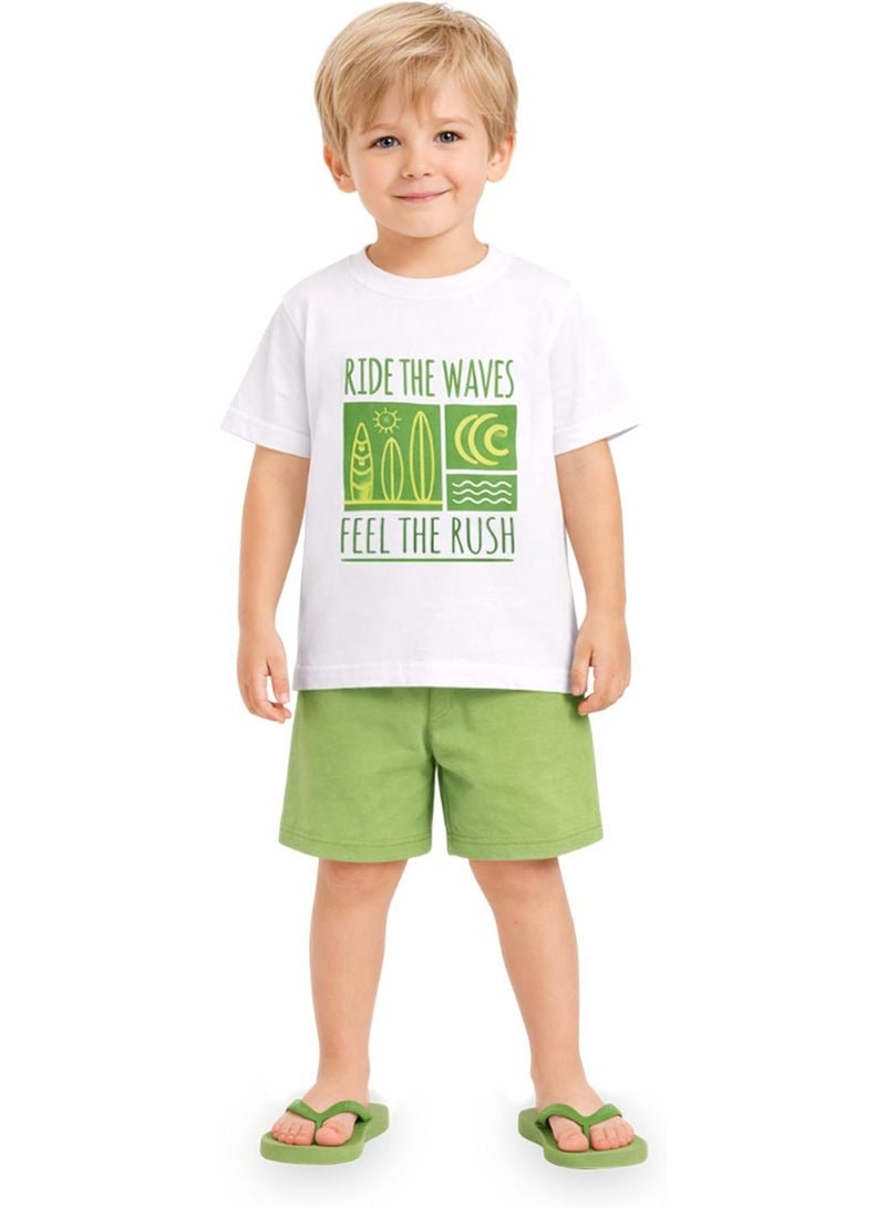 LUAY Boys 100% Cotton T-Shirt & Shorts Set | Kids Summer Casual Outfit | Soft Breathable Fabric | “Ride the Waves” Print | White T-Shirt with Green Shorts - Image 1