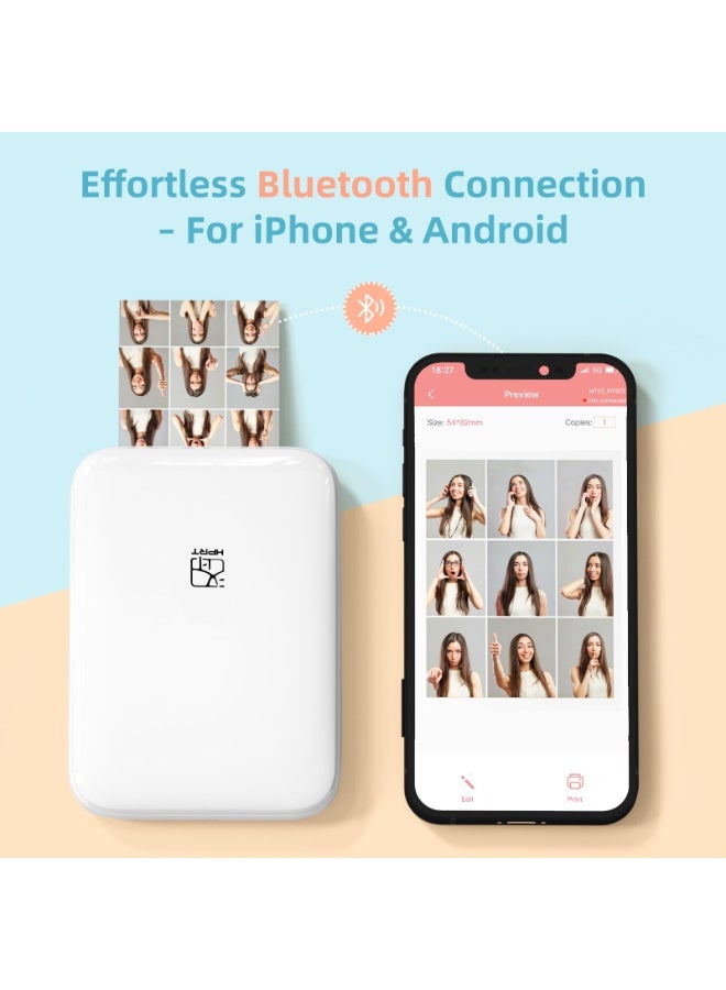 HPRT Portable Photo Printer, MT53 Mini Printer with 5 Sheets of 2x3 Zink Paper, Wireless Pocket Printer, Inkless Zink Photo Printer 313 DPI High Resolution, Bluetooth Instant Printer for Travel Party, Smartphone Printer Compatible with iOS Android (White) - Image 2