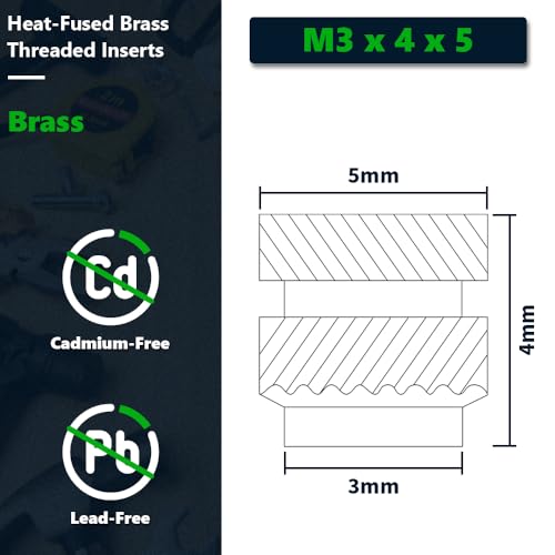 RoyceMart 100-pack M3 x 4L x 5D Brass Threaded Inserts, Heat Set Knurled Nuts for 3D Printing & Plastics, Female Threaded Brass Inserts - Image 3