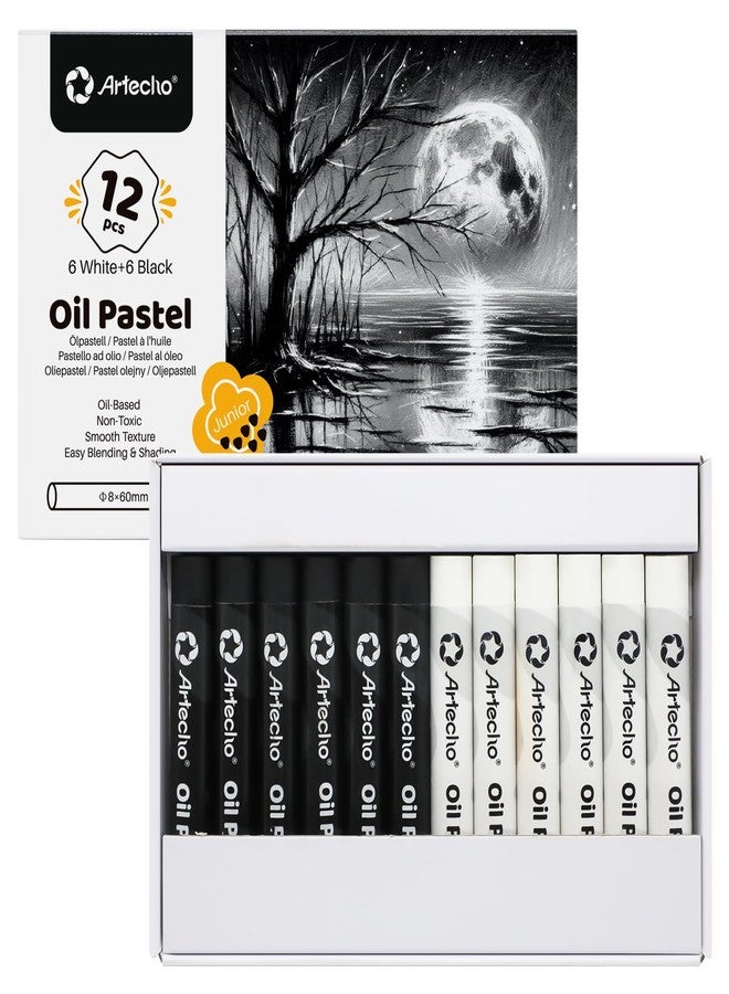 Artecho Oil Pastels Set of 12 PCS, 6 White and 6 Black (8 x 60 mm), Soft Oil Pastels for Art Painting, Drawing, Blending, Art Supplies for Artists, Beginners, Students, Teachers - Image 1