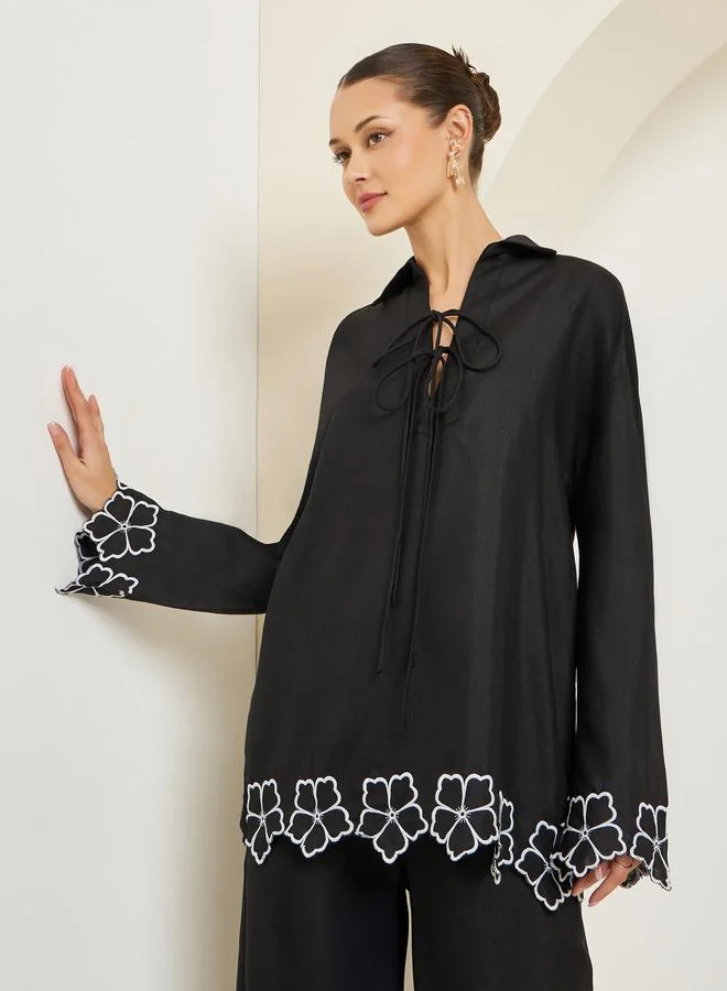 Styli Women Embroidered Front Self-Tie Oversized Shirt