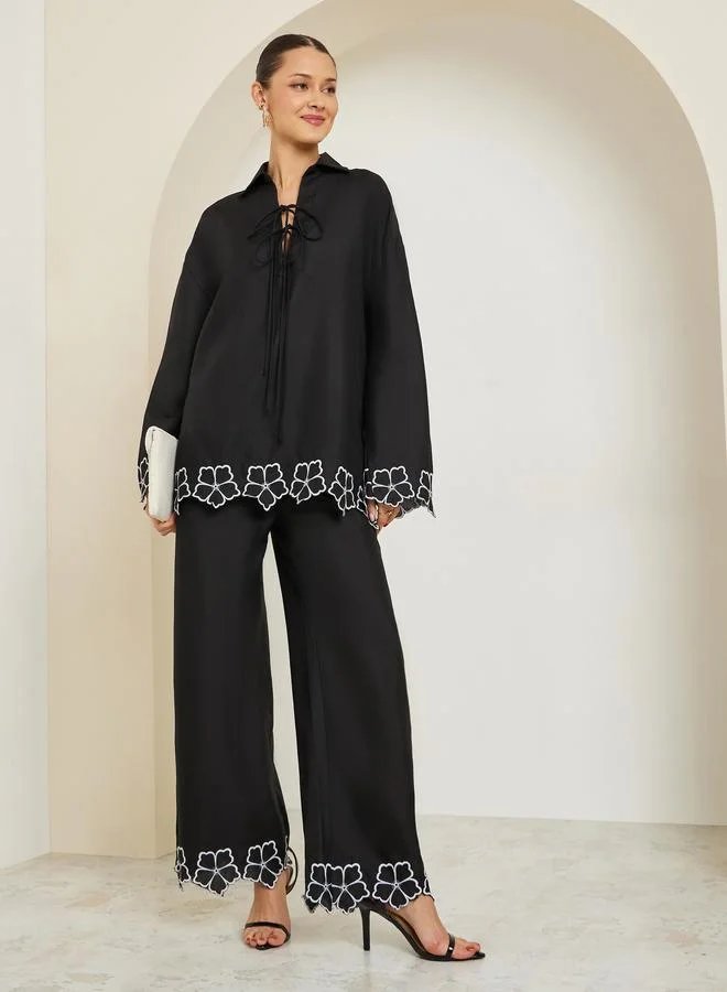 Styli Women Embroidered Front Self-Tie Oversized Shirt