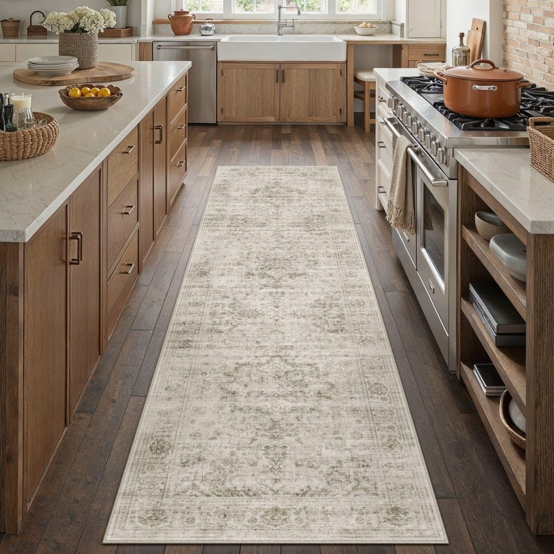 HUGEAR Washable Hallway 2x8 Runner Rugs Retro Beige Vintage Distressed Non Slip Stain Resistant Low Pile Neutral Throw Carpet for Bedside Kitchen Entryway Home Decor - Image 1
