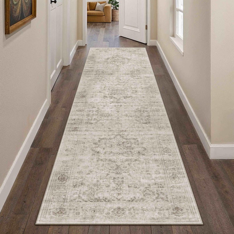 HUGEAR Washable Hallway 2x8 Runner Rugs Retro Beige Vintage Distressed Non Slip Stain Resistant Low Pile Neutral Throw Carpet for Bedside Kitchen Entryway Home Decor - Image 2