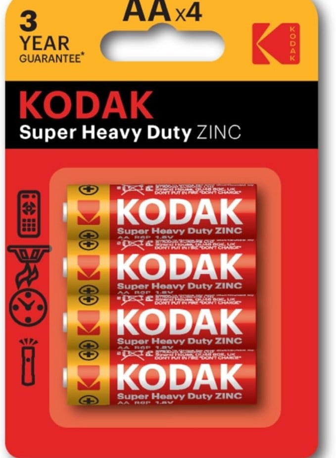 KODAK Super Heavy Duty | AA Batteries | Double A | Disposable Household | Carbon Zinc | 1.5V |4  Blister Pack