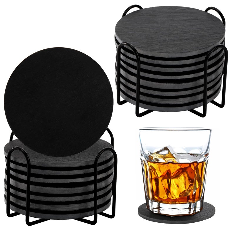 Dicunoy Dicunoy 16PCS Slate Coasters 4 Inch Round Drink Coasters with Holders Rustic Farmhouse Style Black Marble Coasters for Bar Kitchen Coffee Table Decor Housewarming Birthday 