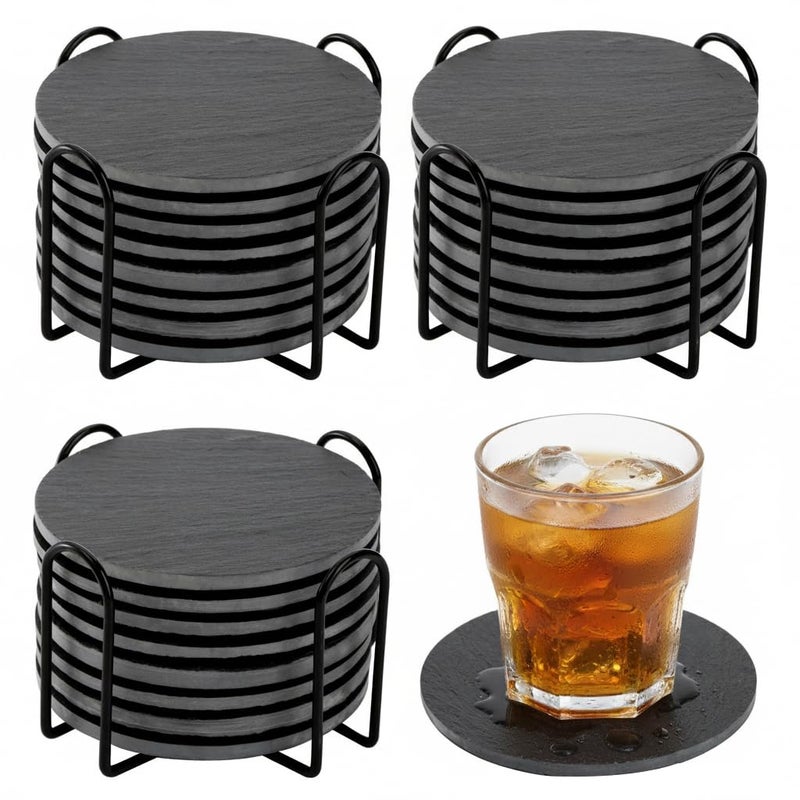 Dicunoy 24 PCS Slate Coasters 4 Inch Round Drink Coasters with Holders Rustic Farmhouse Style Black Marble Coasters for Bar Kitchen Coffee Table Decor Housewarming Birthday