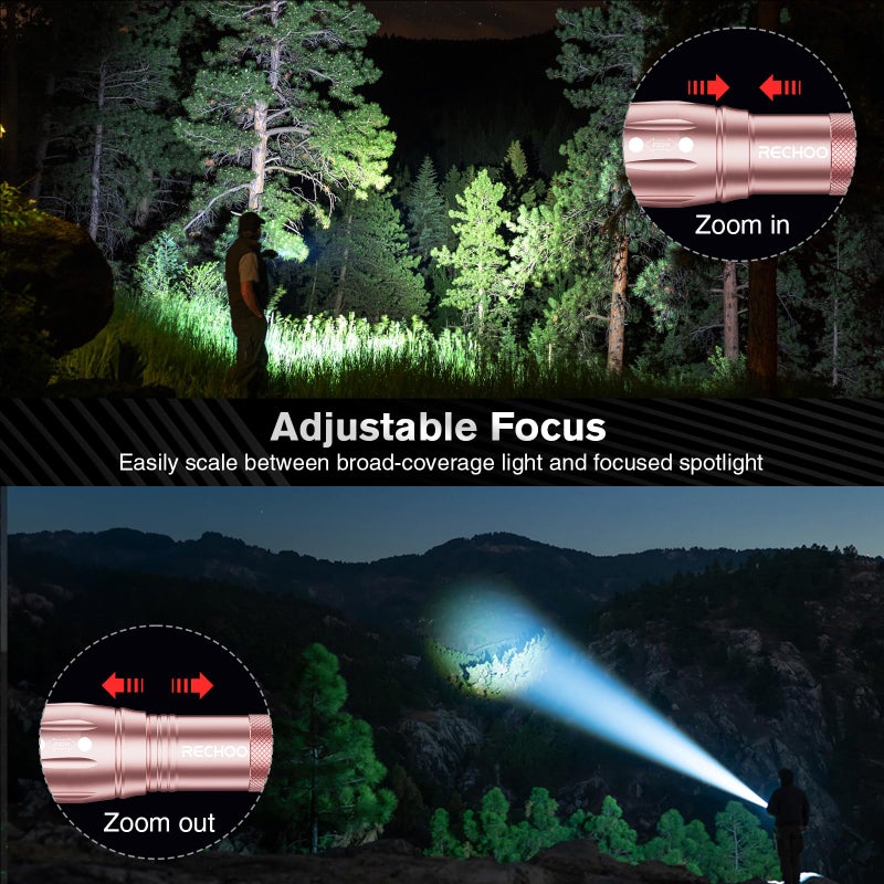 RECHOO LED Flashlight 2 Pack Pink, Tactical Flashlights High Lumens with 3 Modes, Pocket Small Flash Light, Waterproof Zoomable Flashlights for Home Emergency, Camping Essentials (Battery Included) - Image 3