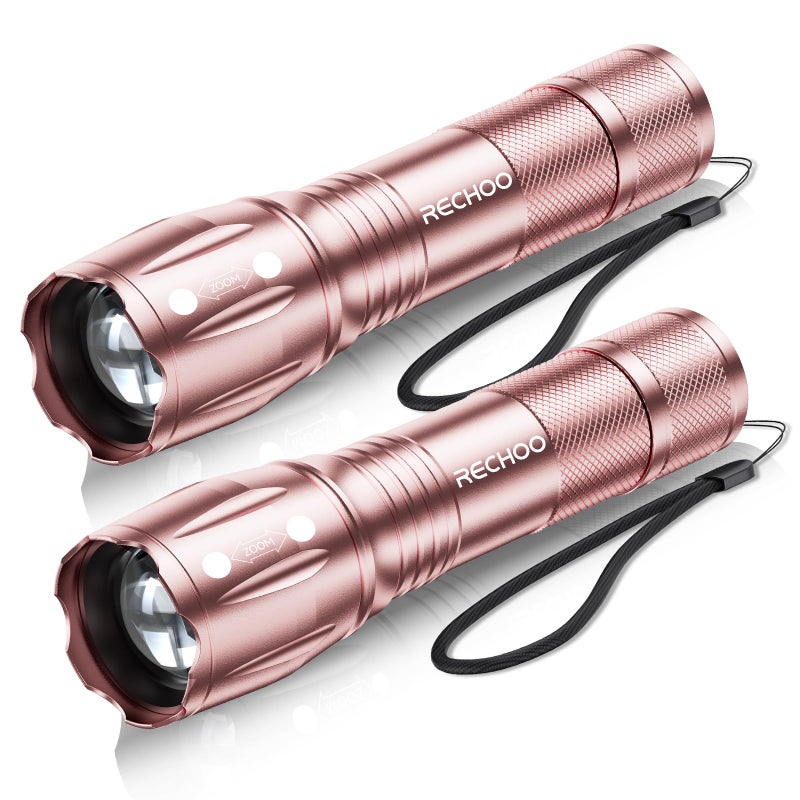 RECHOO LED Flashlight 2 Pack Pink, Tactical Flashlights High Lumens with 3 Modes, Pocket Small Flash Light, Waterproof Zoomable Flashlights for Home Emergency, Camping Essentials (Battery Included) - Image 1