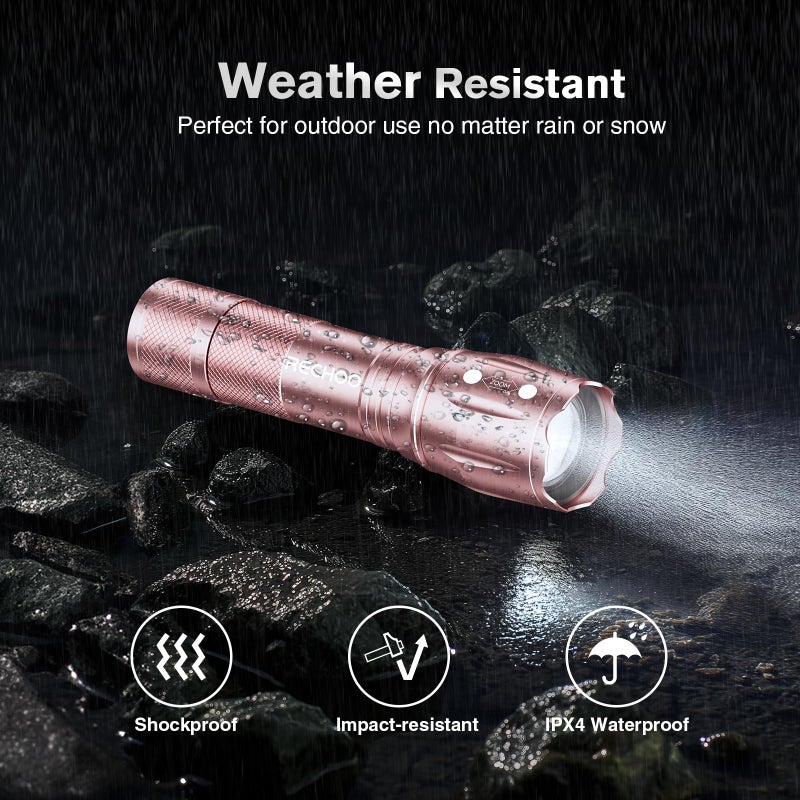RECHOO LED Flashlight 2 Pack Pink, Tactical Flashlights High Lumens with 3 Modes, Pocket Small Flash Light, Waterproof Zoomable Flashlights for Home Emergency, Camping Essentials (Battery Included) - Image 4