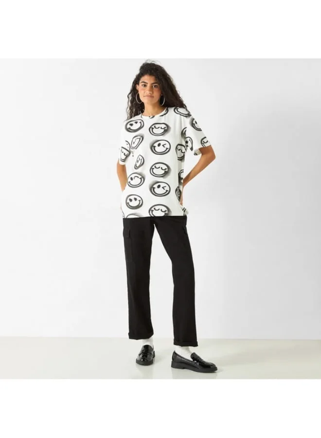 SP Characters All-Over SmileyWorld Print Crew Neck T-shirt with Short Sleeves