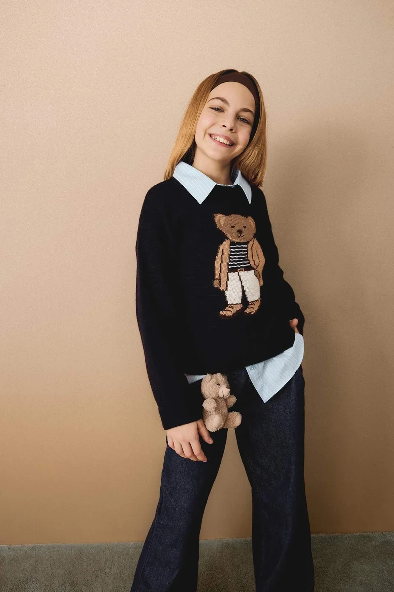 ديفاكتو Girl Crew Neck Bear Printed Knit Pullover