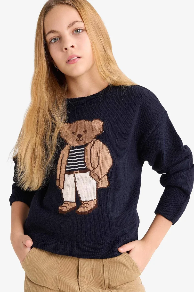 ديفاكتو Girl Crew Neck Bear Printed Knit Pullover
