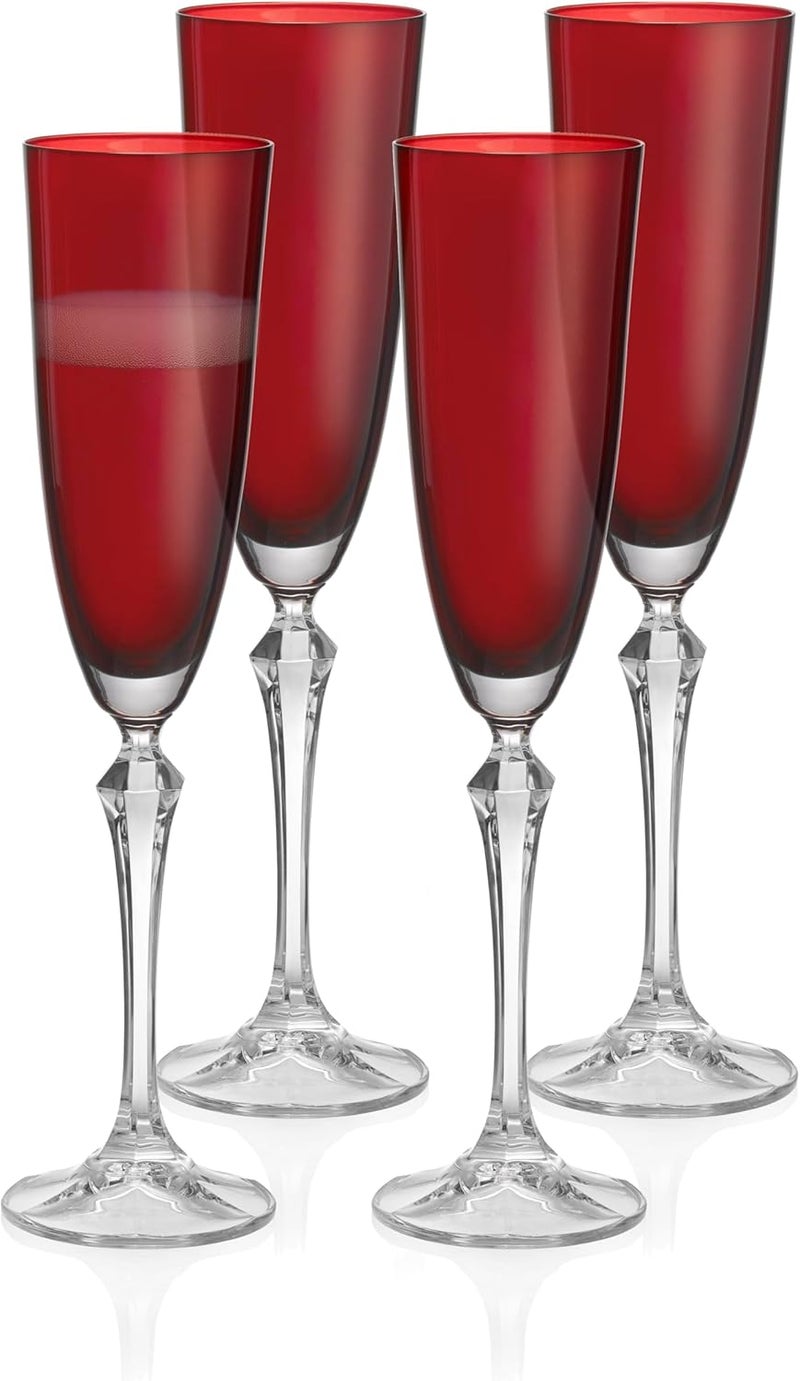 Champagne Flute Glasses - Set of 4 - Ruby (Red) Colored Cup with Clear Stem - Each Glass is 7 oz., for Prosecco, Sparkling Wine, Mimosas, Cocktails, Weddings Anniversaries - Made in Europe