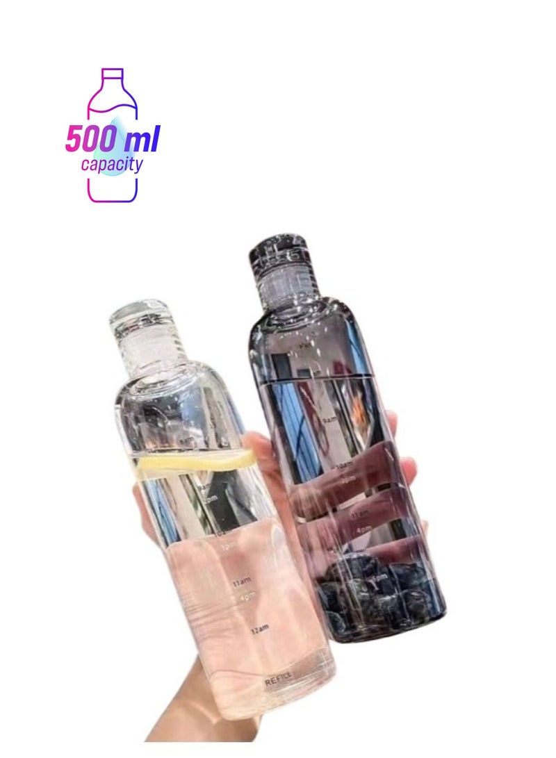 SPRING 2 Pieces Plastic Water Bottles with Time Markers Large Leakproof 500ml Transparent BPA Free Reusable Drinking Bottle for Water, Beverage, Milk White+Black - Image 1