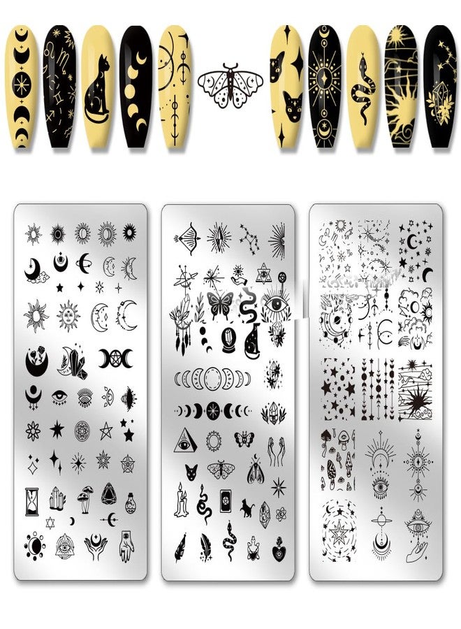 PH PandaHall 3pcs Moon and Sun Nail Stamping Plate, Divination Nail Art Templates Mysterious Art Stencils Stainless Steel Image Plates for Women Print Manicures Salon Design Supplies - Image 1