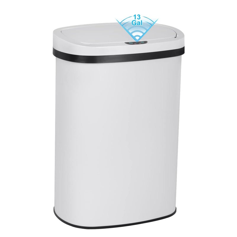 13 Gallon Touch Free Automatic Stainless Steel Trash Can Garbage Can Metal Trash Bin with Lid for Kitchen Living Room Office Bathroom Electronic Motion Sensor Automatic Trash Can  White