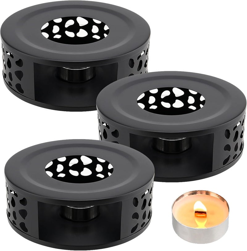 HOIGON 3 PCS Teapot Warmer, Stainless Steel Brushed Tea Pot Warmer Base with Tealight Candle Holder, Black - Image 1