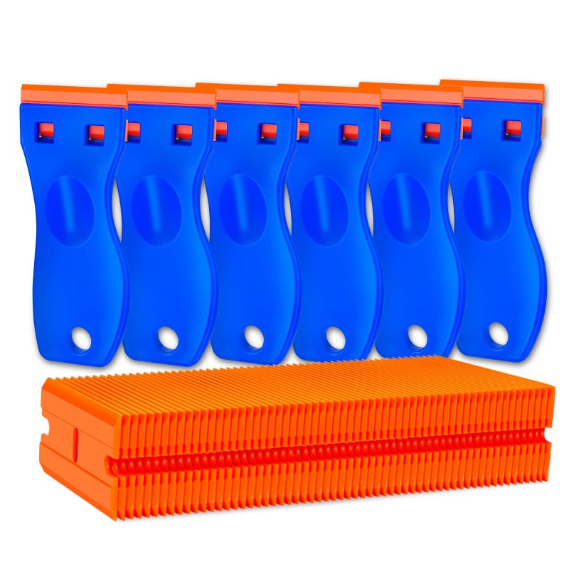Tvkiadv Plastic Razor Blade Scraper Tool, 6 Pcs Razor Scraper with 60 Pcs Plastic Blades, Cleaning Scraper Remover for Removal Floor Stove Scraping Labels and Decals Sticker on Car Window Glass - Image 1