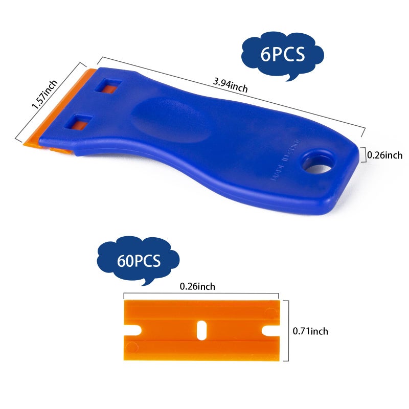 Tvkiadv Plastic Razor Blade Scraper Tool, 6 Pcs Razor Scraper with 60 Pcs Plastic Blades, Cleaning Scraper Remover for Removal Floor Stove Scraping Labels and Decals Sticker on Car Window Glass - Image 2