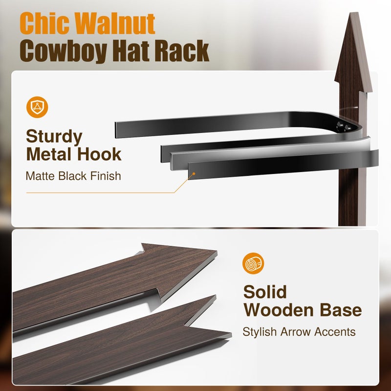 Cinati Cowboy Hat Rack, Cowboy Hat Holder Wall Mount Holds up to 4 Hats, Wooden Western Rustic Metal Cowboy Hat Hanger with Arrow Sign Board, Hat Rack for Cowgirl Hat, Fedora, Sun Hats (2 pack) - Image 3
