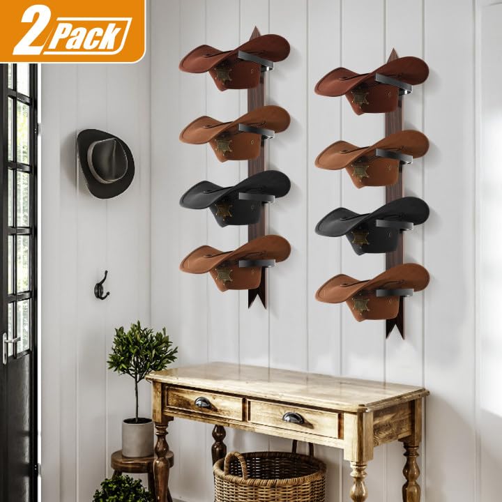 Cinati Cowboy Hat Rack, Cowboy Hat Holder Wall Mount Holds up to 4 Hats, Wooden Western Rustic Metal Cowboy Hat Hanger with Arrow Sign Board, Hat Rack for Cowgirl Hat, Fedora, Sun Hats (2 pack) - Image 2
