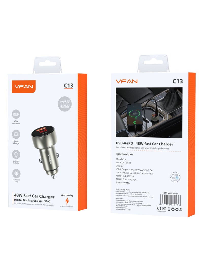 VFAN 48W Dual Port Digital Display Fast Car Charger C13-Silver - Image 1