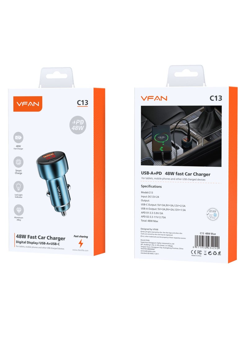 VFAN 48W Dual Port Digital Display Fast Car Charger C13-Silver - Image 2