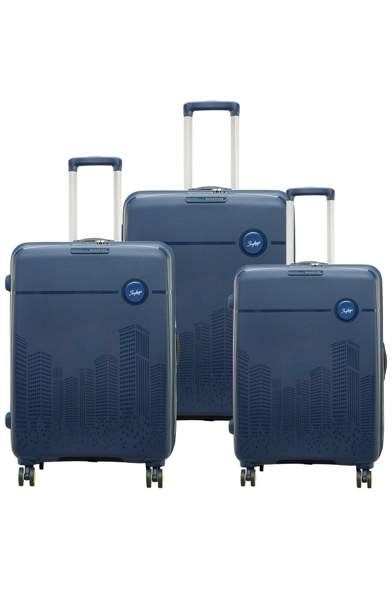 Skybags مجموعة حقائب سكاي باجز من البولي بروبيلين (PP) مكونة من 3 (صغيرة، متوسطة وكبيرة) حقيبة صلبة (57+67+79 سم) | أمتعة مع 8 عجلات دوارة، قفل TSA، طباعة ثلاثية الأبعاد مع مساحة داخلية واسعة (زرقاء، مجموعة من 3) - Image 1