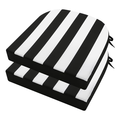 idee-home ideehome Outdoor Chair Cushions Set of 2 Thick 19 x 19 x 3 Patio Chair Cushions for Outdoor Furniture Waterproof with Ties Outdoor Seat Cushion Patio Chair Pads Dining Chair Black Stripes - Image 1