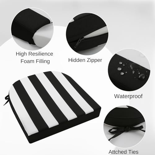 idee-home ideehome Outdoor Chair Cushions Set of 2 Thick 19 x 19 x 3 Patio Chair Cushions for Outdoor Furniture Waterproof with Ties Outdoor Seat Cushion Patio Chair Pads Dining Chair Black Stripes - Image 3