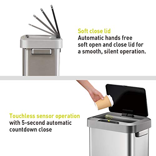 EKO EK9262MT-45L Horizon 45 Liter/11.9 Gallon Rectangular Motion Sensor Trash Can, Brushed Stainless Steel Finish - Image 2