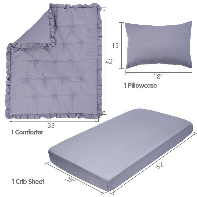 JISEN مجموعة سرير الأطفال 3 قطع من JISEN - مجموعة لحاف سرير الأطفال الناعمة مع كشكش - لحاف سرير، ملاءة سرير، غطاء وسادة لمجموعات سرير الأطفال للأولاد أو البنات باللون الرمادي - Image 4
