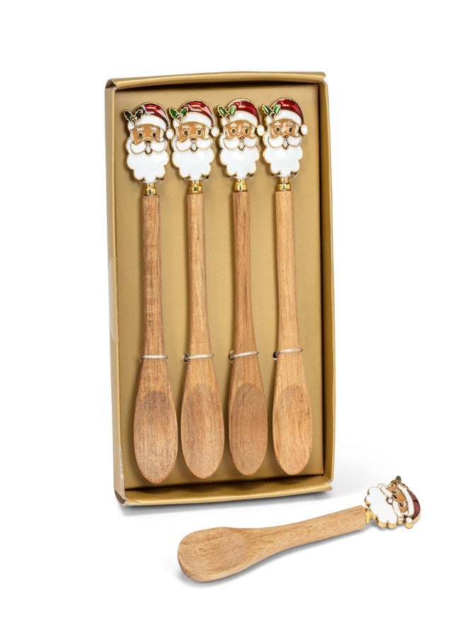 Abbott Collection Santa Face Small Wooden Stir Spoons. Set of 4 - Acacia Wood/Metal, White/Red (5 inches L)