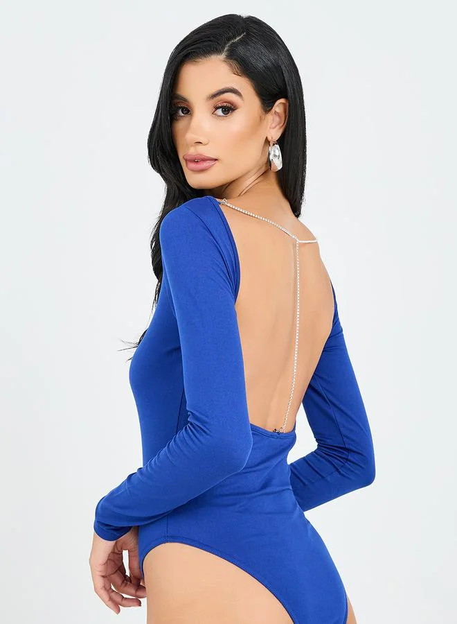 Styli Open Back Faux Rhinestone Detail Bodysuit