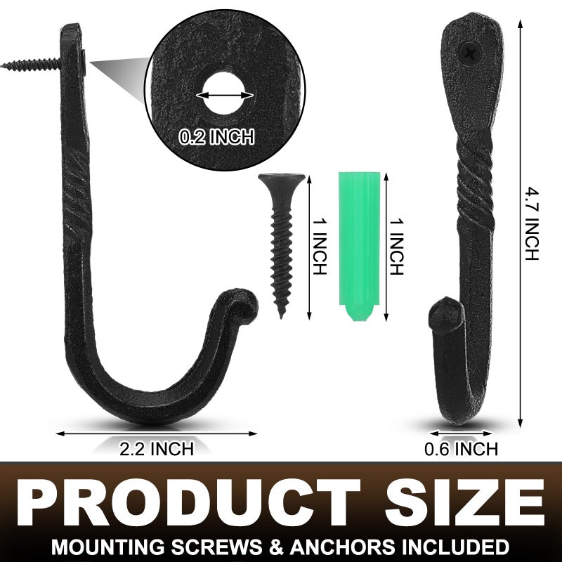 LEIFIDE 6 Pack Wrought Iron Hooks Black Cast Iron Hooks Wall Mounted Handmade Decorative Rustic Metal Rack for Hanging Towel Coat Robe Hat Bags, 4.5 Inch - Image 3